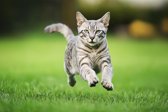 Tabby cat outdoors leaping on green grass with striking stripes and captivating eyes - Powered by Adobe
