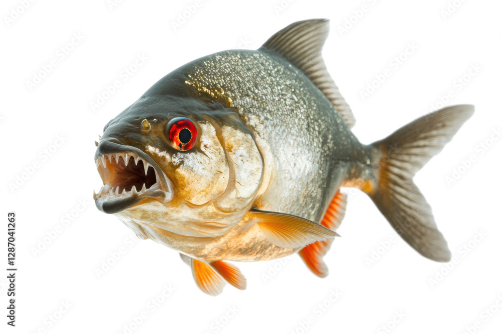 Poster piranha fish with open mouth showing sharp teeth isolated on transparent background. aggressive pred