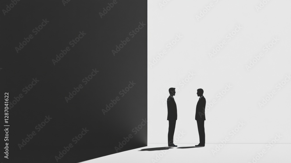 Aufkleber two business professionals engage in a conversation in a minimalist monochrome setting during the af