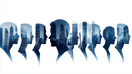 Silhouettes of businesspeople merging with modern cityscape represent their shared vision for urban development, innovation, and future growth