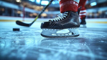 Hockey player's skates and hockey stick on ice in arena
