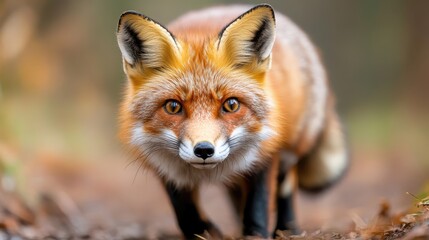 Fototapeta premium With a focused expression, a red fox navigates the woods, its striking appearance complemented by the soft tones of nature, illustrating the dynamic of wildlife in its habitat.