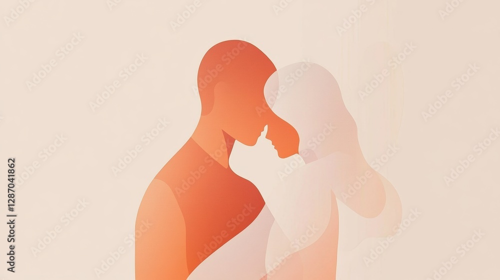 Aufkleber Emotional connection illustrated through a minimalist embrace between two figures in a warm color palette. Generative AI