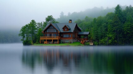 Fototapeta premium Cabin Reflecting on Misty Lake Surrounded by Green Trees