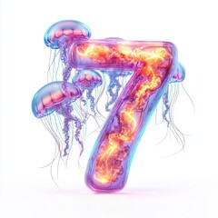 Number 7 made of floating luminescent jellyfish with transparent bodies and glowing tentacles isolated on a clean white background