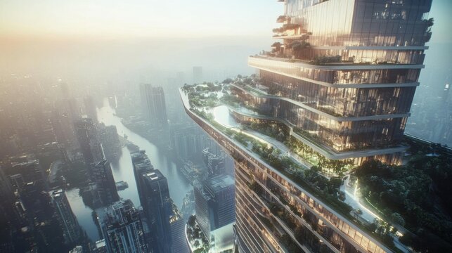 Skyscraper megastructure suspended above futuristic city, integrating vertical gardens, rooftop parks, autonomous transport systems, illuminated by neon accents dusk, modern urban utopia