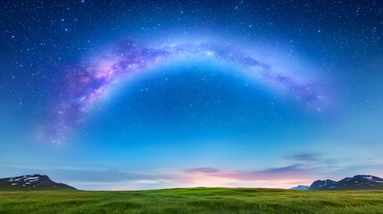 Obraz premium Milky Way arch over green field, mountains, night sky