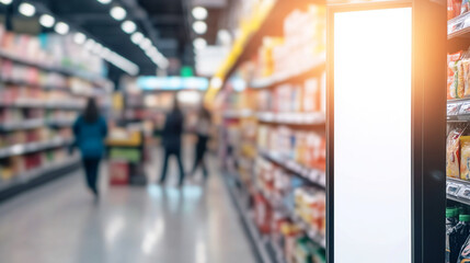 Blank digital advertisement display in store aisle, showcasing potential for promotions or product advertisements in a modern retail environment.