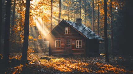 Rustic Cabin in Autumn Forest with Golden Light Streaming Through Trees