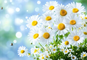 Obraz premium Fresh White Daisy Flowers with Bokeh Lights and Bees in Spring