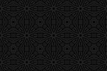 Geometric black background, tribal cover design, banner. Exotic 3D pattern, embossing, relief texture. Ornaments, arabesques, mandala of the East, Asia, India, Mexico, Aztec, Peru. Ethnic flavor.