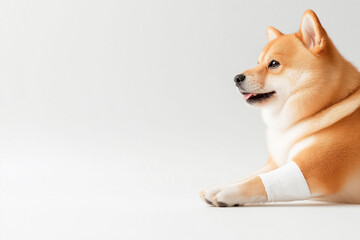 Cute Shiba dog with bandaged paw, perfect for pet lovers and canine enthusiasts alike