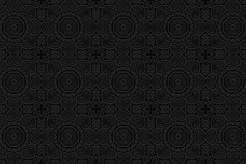 Geometric black background, tribal cover design, banner. Stylish 3D pattern, embossing, relief texture. Ornaments, arabesques, mandala of the East, Asia, India, Mexico, Aztec, Peru. Ethnic flavor.