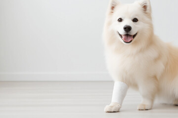 Fluffy American Eskimo dog with bandage: injured yet happy, cute and friendly pet indoors