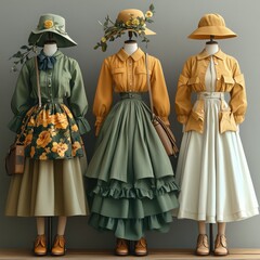 Obraz premium Vintage floral dresses displayed on mannequins, studio setting