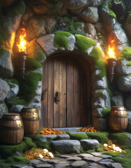 Naklejka premium Saint Patricks Day product display background podium, Leprechaun’s Vault, rustic wooden door, old moss-covered stone wall, pots of gold coins, torchlight, ad, presentation space