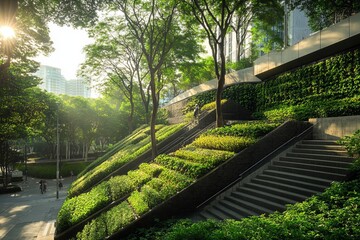 Fototapeta premium Stunning Urban Green Landscape Design Modern City Park Architecture Steps Greenery Sunlight Lush Plants Natural Environment Tranquil Scene Beautiful 