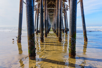 Elegant View Beneath Oceanside Pier with Pillars in Shallow Waters