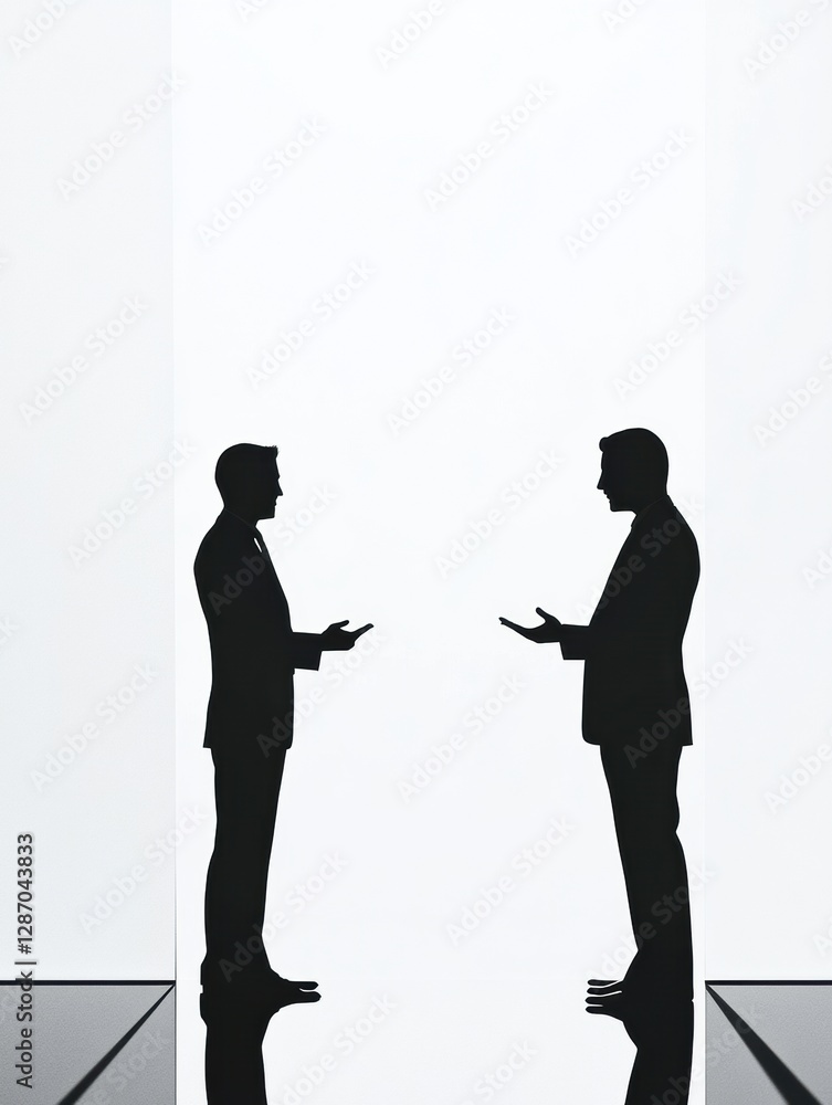Poster two silhouetted men engage in a conversation, highlighting communication dynamics and dialogue excha