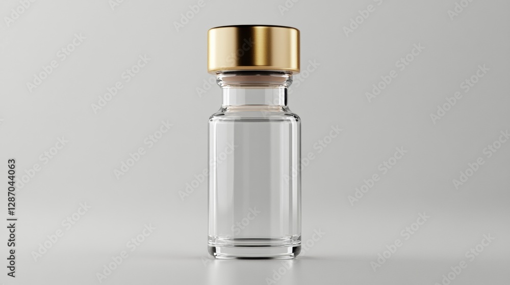 Poster clear glass container with a gold cap displayed against a plain backdrop in a minimalist style. gene