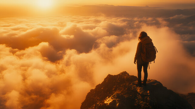 A traveler with a backpack standing on a mountain peak overlooking a breathtaking sunrise above the clouds.