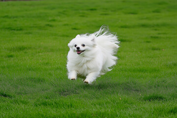Pomeranian dog fluffy cute running playful grass pet happy white small fur outdoors