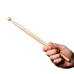 Closeup of hand holding a wooden drumstick on transparent background