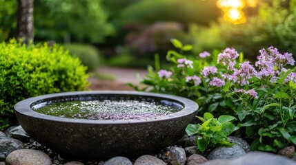 Garden bird bath sunset tranquility