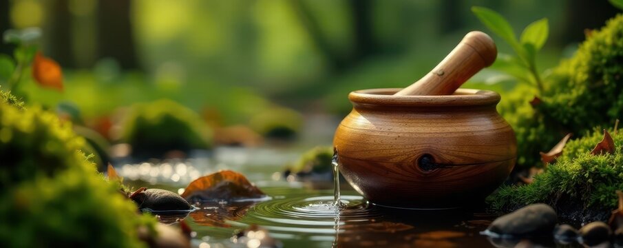 Sap flows slowly from a wooden spile into a collection vessel, sap, liquid, outdoors