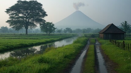 Misty morning landscape with volcano, rural road, and farmhouses
