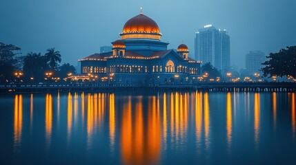 Fototapeta premium Illuminated Mosque Reflecting on Water at Dusk in Urban Setting
