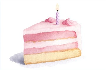 water color minimalist illustration of a slice of layered pastel color birthday cake with a single candle on a white background