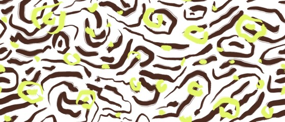 Seamless abstract textured pattern. Brown, lime green lines, stains, circles on white. Digital brush strokes. Design for textile fabrics, wrapping paper, background, wallpaper, cover.