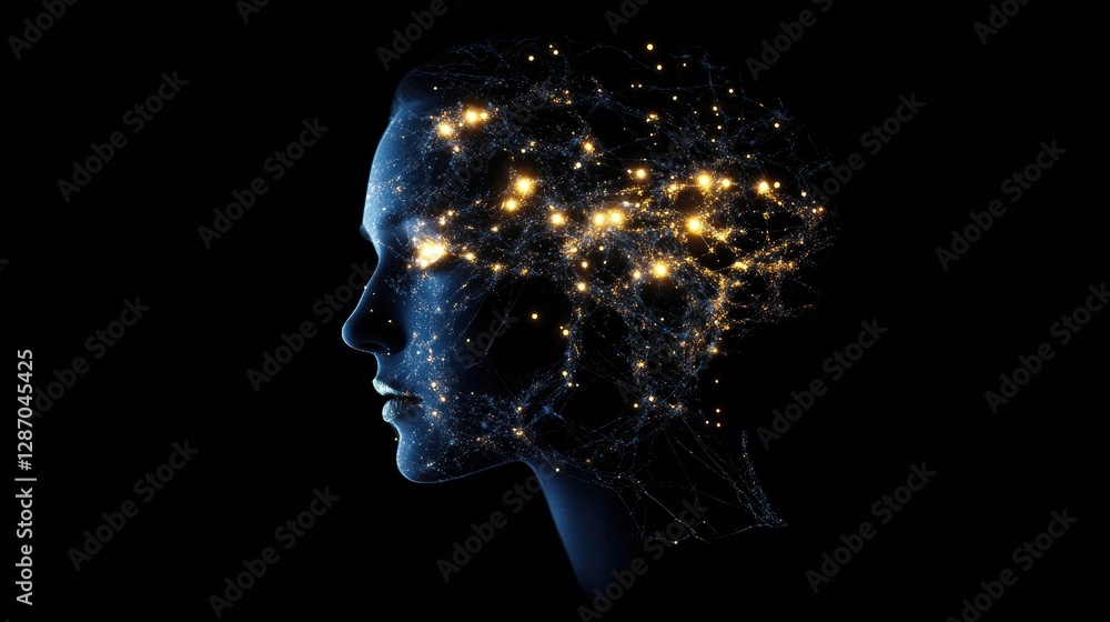 Fototapete profile of a human head illuminated with glowing synapses representing advanced neural connections a