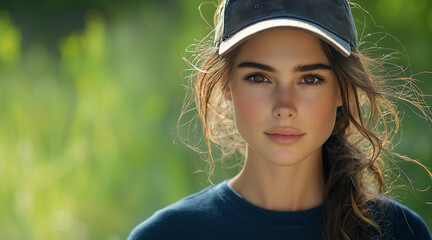 A beautiful woman with brown hair and brown eyes in a sports T-shirt and cap in Russia in the summer mountains