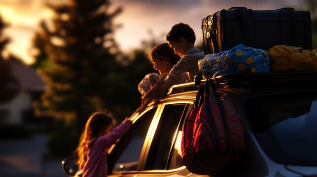 Family Packing Car with Suitcases at Sunset Silhouette Backlit Outdoor Scene