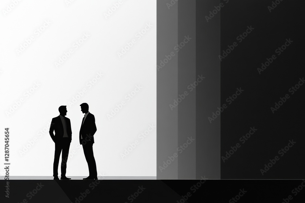 Fototapete two individuals engaged in dialogue near a contrasting background of light and dark shapes during a 