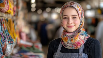 Obraz premium Smiling teen girl in hijab, market shop, colorful displays. Use stock photo