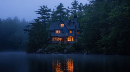 Fototapeta premium Lakeside House Lit in Evening with Fog and Forest