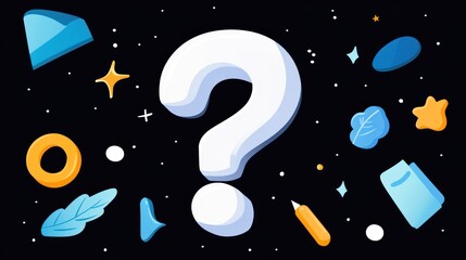 Cartoon Question Mark Surrounded by Floating Shapes on Dark Background