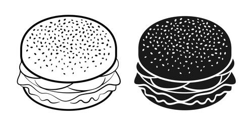 Two Hamburger Icons, in Outline and Glyph Styles, Fast Food Restaurant Logo Concept
