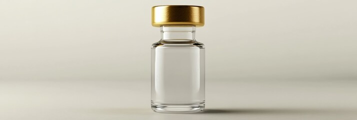 Clear glass vial with a gold cap placed on a neutral background highlighting its elegant design and shape. Generative AI