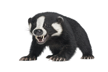 Angry animal with black and white fur on transparent background. Aggressive stance with open mouth revealing teeth. Studio shot with strong lighting