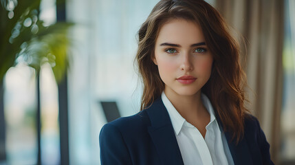 Fototapeta premium A woman in a dark blue blazer and white blouse looking friendly and confident.