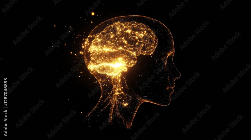 Poster profile of a human head with neural connections illustrating artificial intelligence concepts and cy