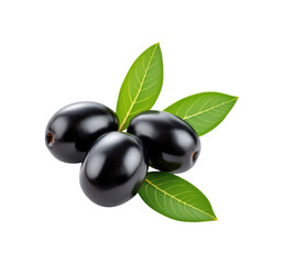 Three Shiny Black Olives with Fresh Green Leaves, Perfect for Culinary Delights, Isolated on Transparent and White Background