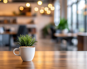 A white cup with a heart-shaped latte art and a small plant growing from the top, placed on a wooden table in a cozy cafe setting, symbolizing creativity and relaxation