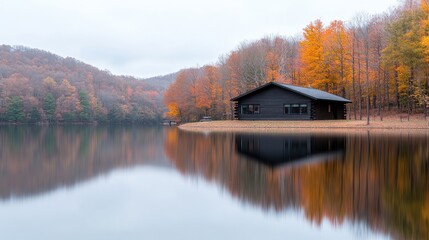 Autumn Cabin on a Calm Lake
