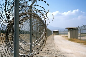 Razor wire protecting military base with guard tower under blue sky