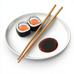 Plate of sushi rolls with soy sauce and chopsticks isolated on white background